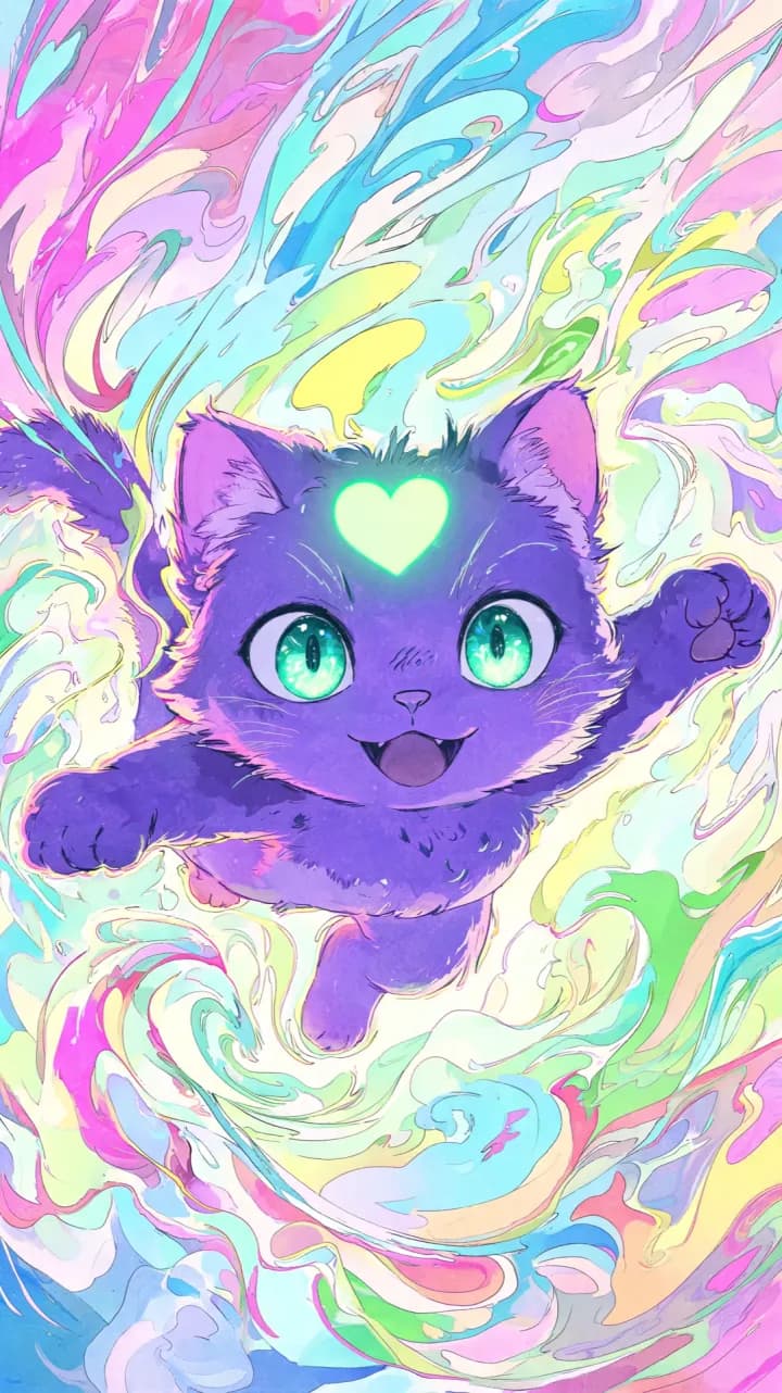 LUKi, the AI companion cat, leaping through a swirl of rainbow colour