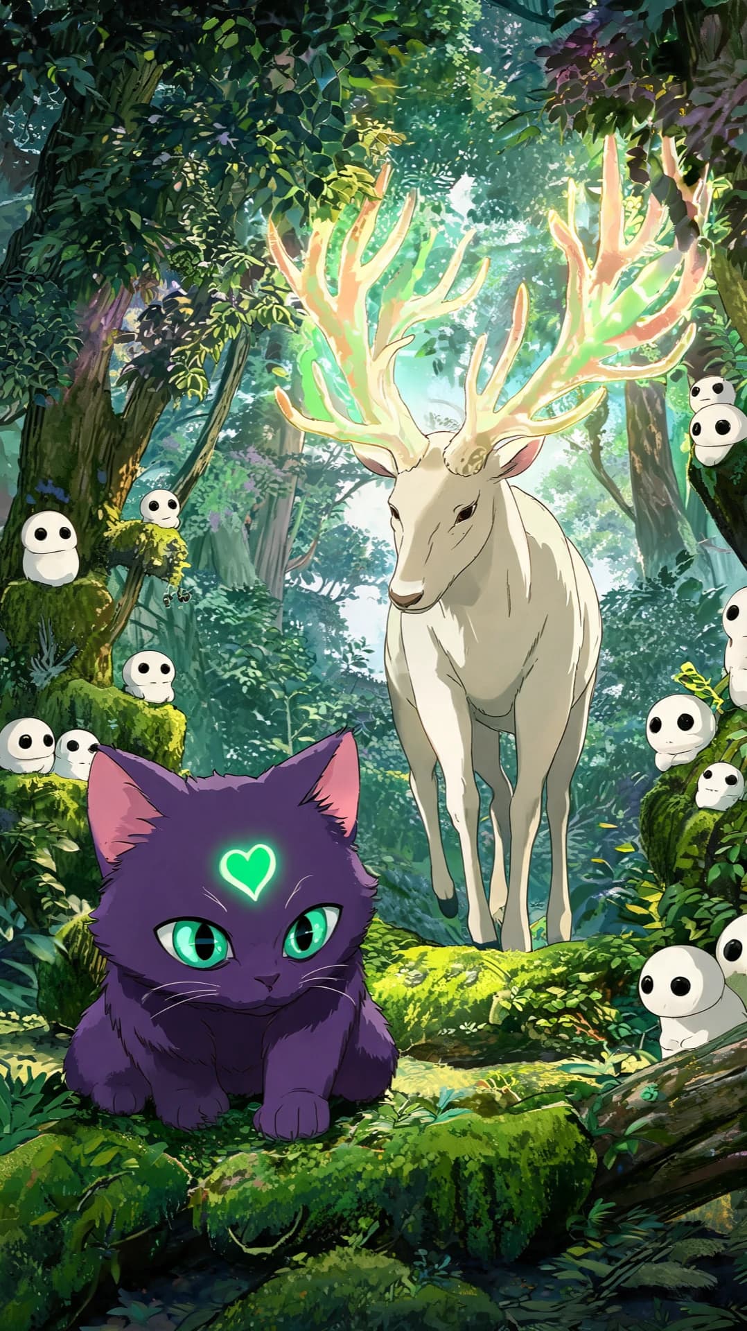 LUKi in a magical forest beside a glowing white deer and kodama spirits