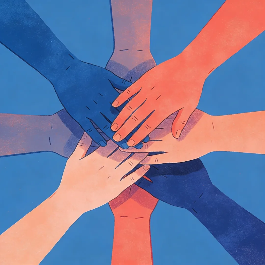 Hands stacked in a circle for LUKi AI companion group chat