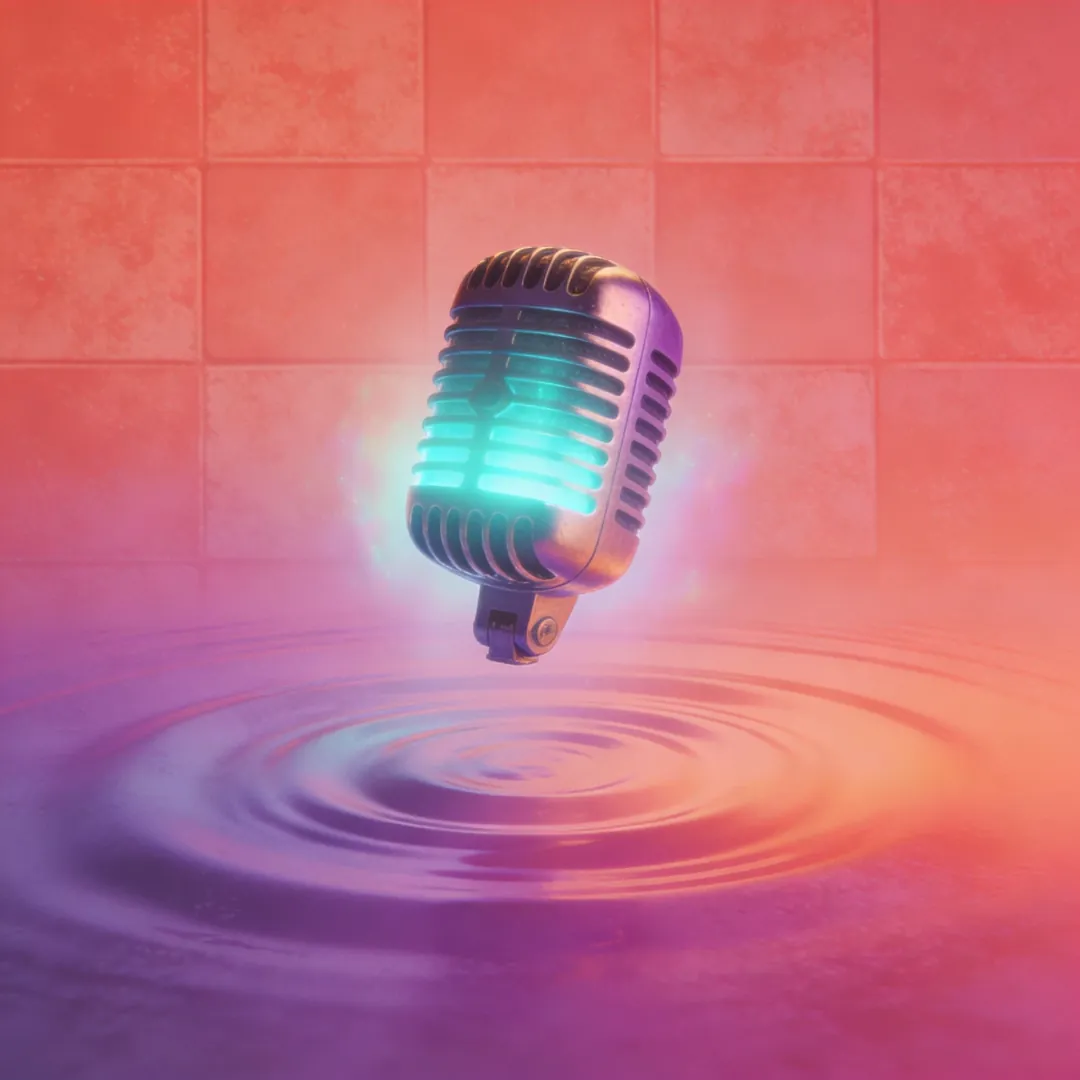Vintage microphone for LUKi AI companion voice chat, hovering over water